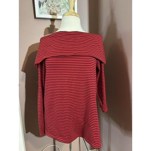 Lauren Ralph Lauren Pullover Top Womens XL Red Navy Stripe Fold Over Collar New - Picture 1 of 11